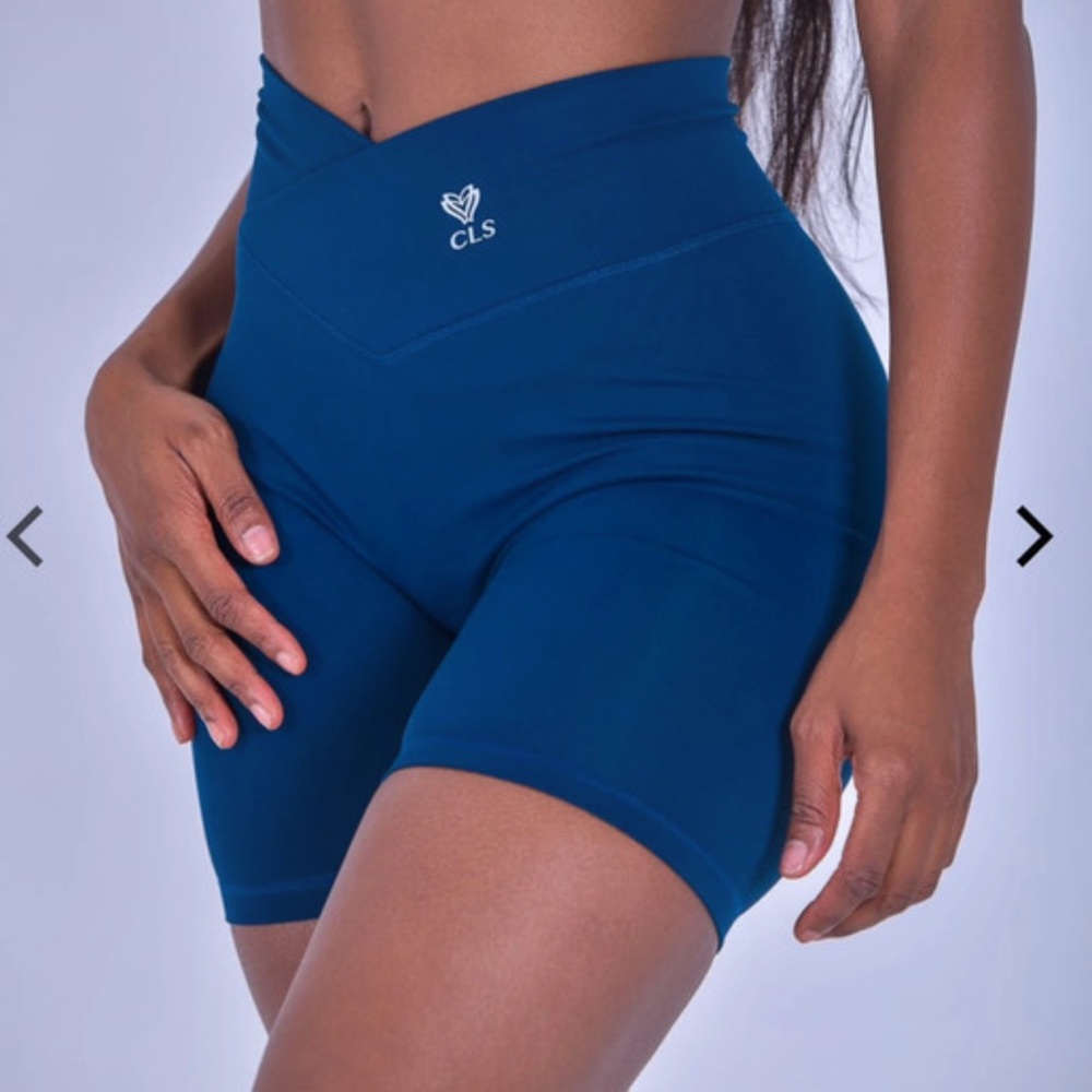 Women's Blue High-Waisted Shorts scrunch bum butt Cross front